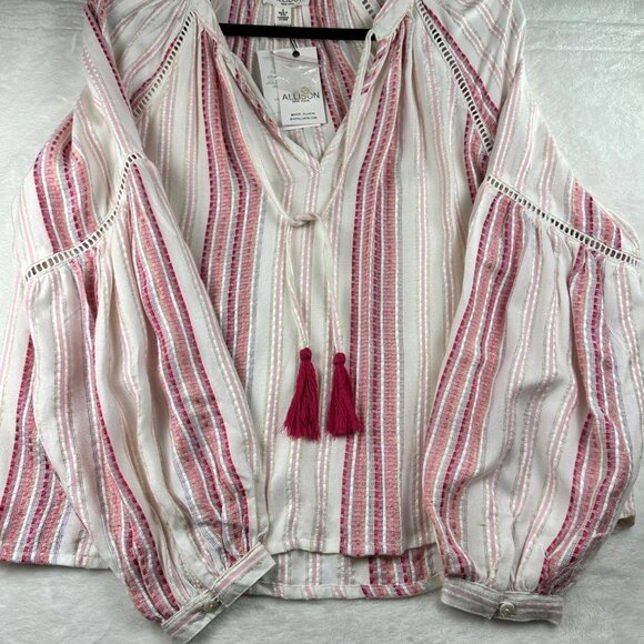 Allison New York Womens Striped Long Bell Sleeve Boho Top Tassels Crochet Artzy - Picture 7 of 16